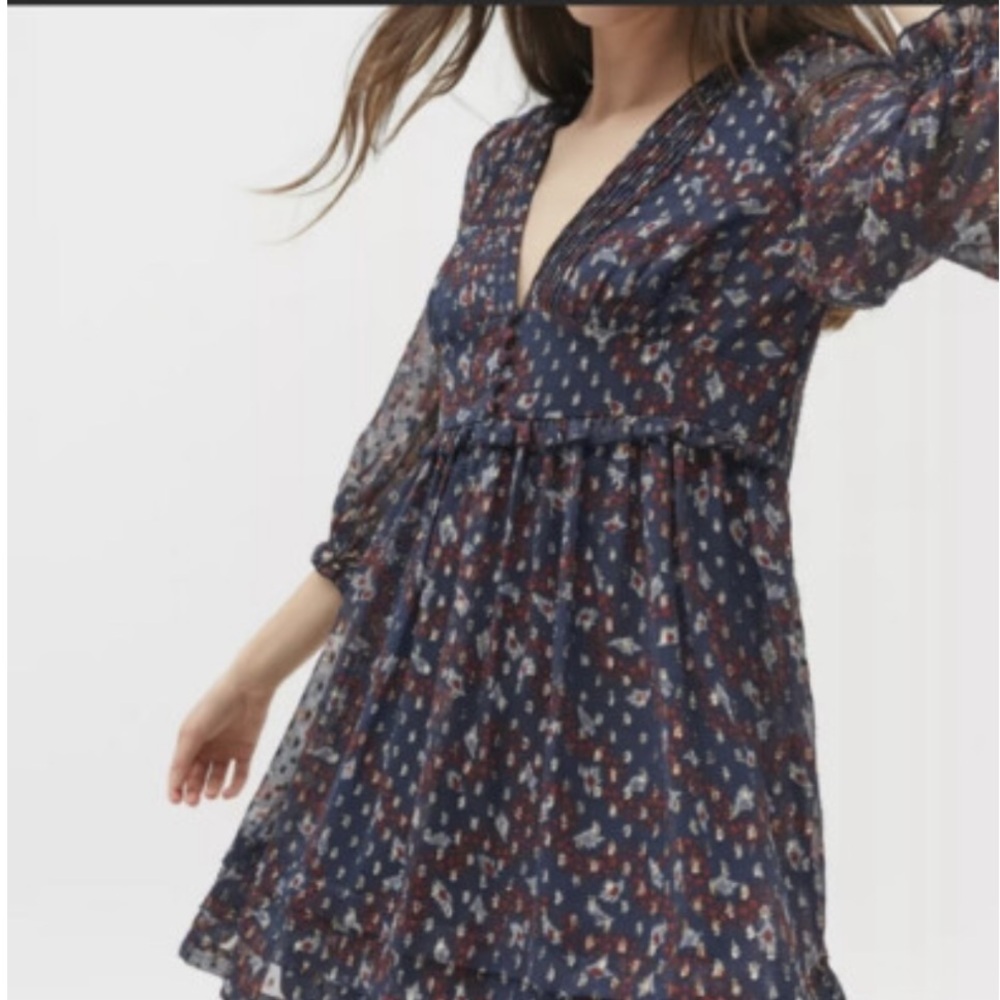 Urban Outfitters Blue Red Gold Shimmer Print Chiffon BabyDoll Mini Dress XS EUC